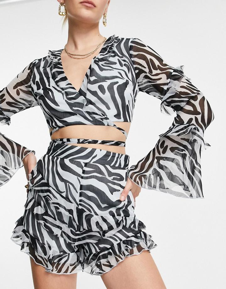 Asos Design Ruffle Short In Zebra Print - Part Of A Set-multi