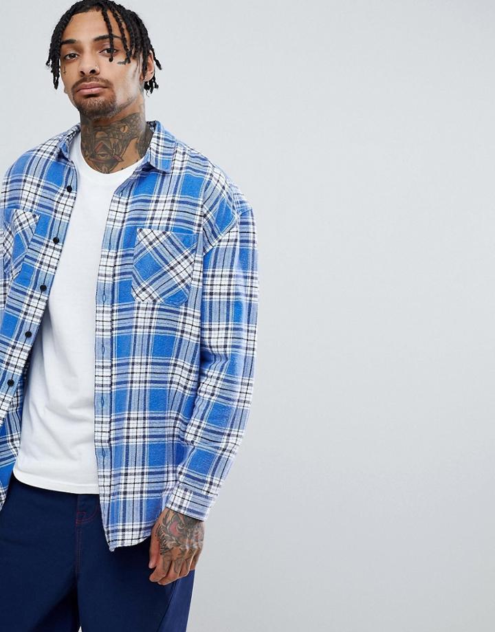Asos Design Oversized Brushed Check Shirt With Optic Wash - Blue