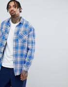 Asos Design Oversized Brushed Check Shirt With Optic Wash - Blue