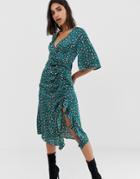 Prettylittlething Side Split Ruched Satin Midi Dress In Teal Leopard - Multi