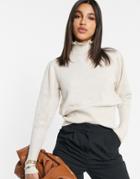 Vila Knitted Sweater With Ruffled Funnel Neck Detail In Beige-neutral