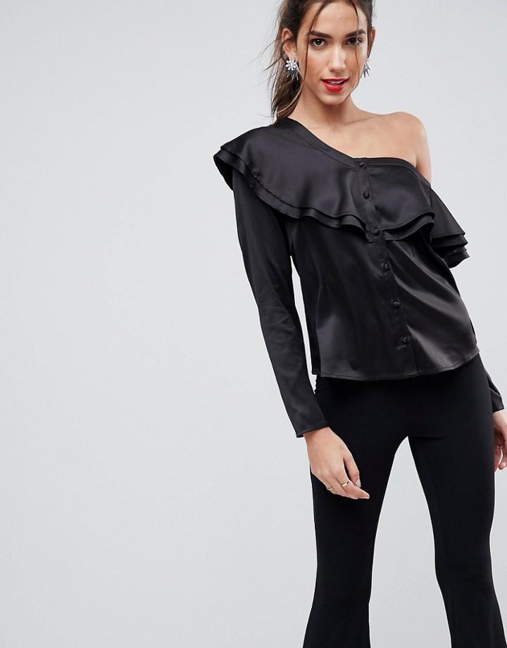 Asos Design Satin Top With Ruffle One Shoulder-black