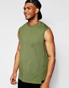 Asos Oversized Sleevless T-shirt With Step Hem In Khaki - Khaki