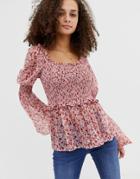 Asos Design Long Sleeve Sheer Square Neck Top With Shirring In Pink Floral Print - Multi