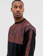 Asos Design Oversized Sweatshirt With Paisley Print Panel And Side Stripe In Black-white