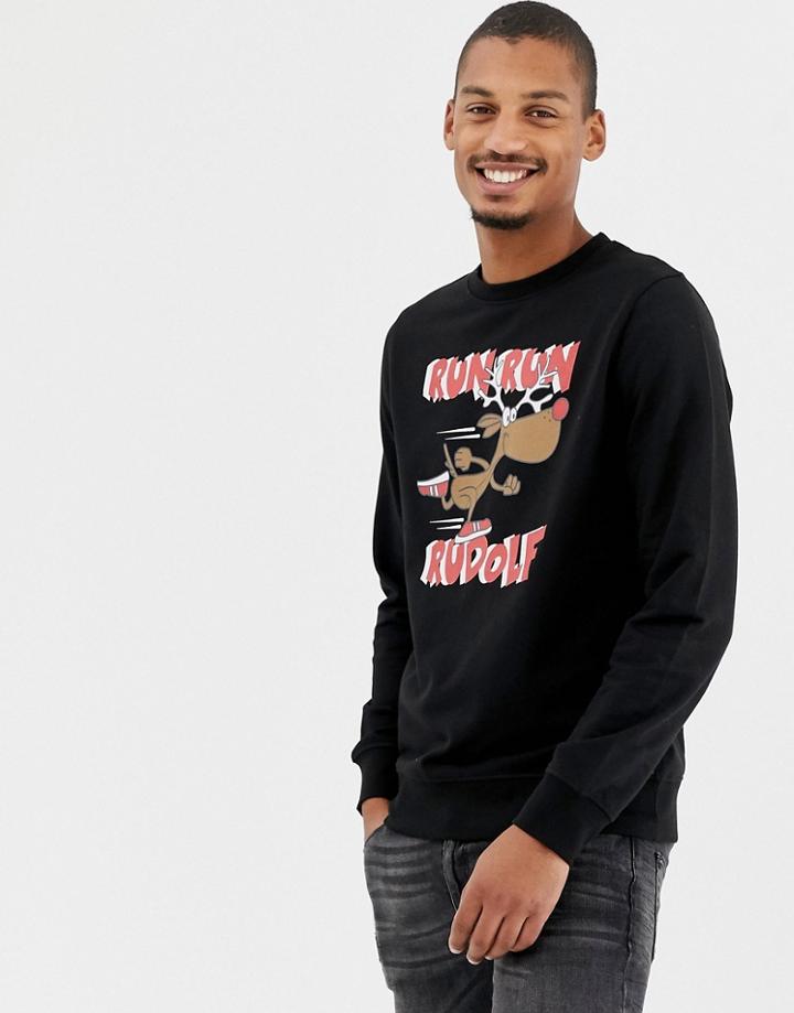 Threadbare Run Rudolf Crew Neck Sweat Sweater - Black