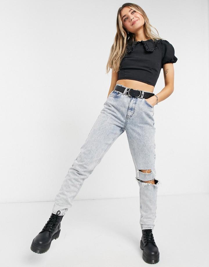 Asos Design Organic Cotton Blend Soft Denim Top With Frill Collar In Washed Black-white