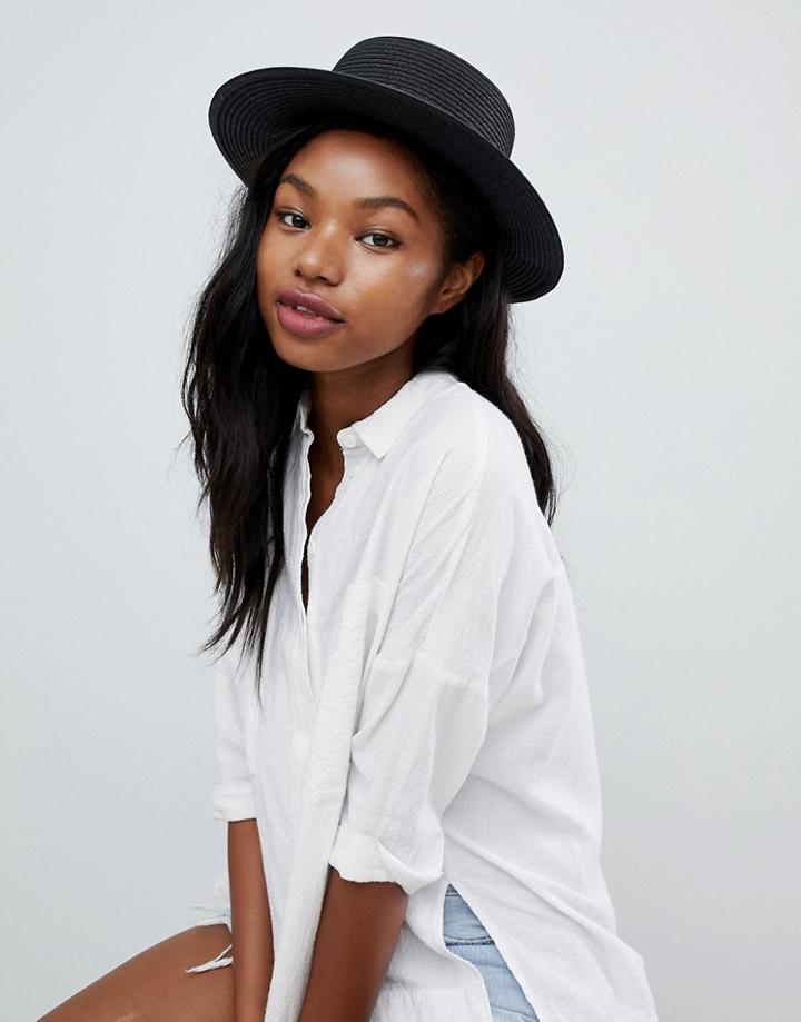 South Beach Black Straw Boater Hat - Black