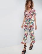 Asos Design Tea Jumpsuit With Cut Out And Tie Detail In Tropical Print - Multi