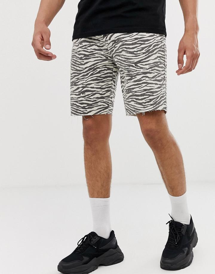 Bershka Slim Fit Denim Shorts In Zebra Print - Beige
