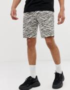 Bershka Slim Fit Denim Shorts In Zebra Print - Beige