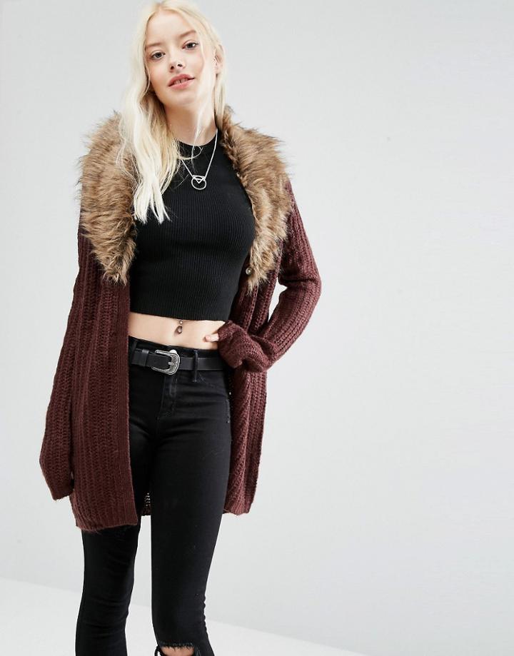 Brave Soul Faux Fur Collar Cardigan - Red