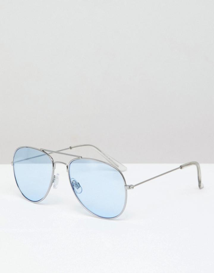 Pull & Bear Silver Aviator Sunglasses With Blue Lenses - Silver