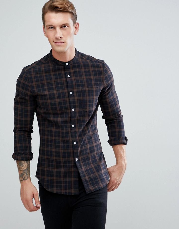 Asos Skinny Check Shirt With Grandad Collar - Black