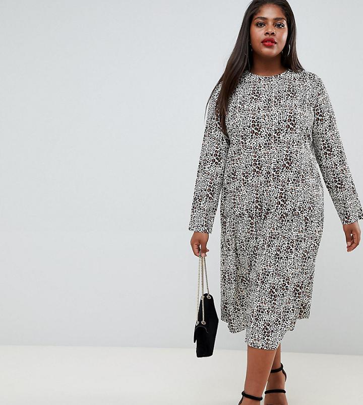 Asos Design Curve Midi Smock Dress In Animal Print - Multi
