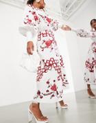 Asos Edition Embroidered Midi Dress With Cutwork And Lace Trim In Red-multi