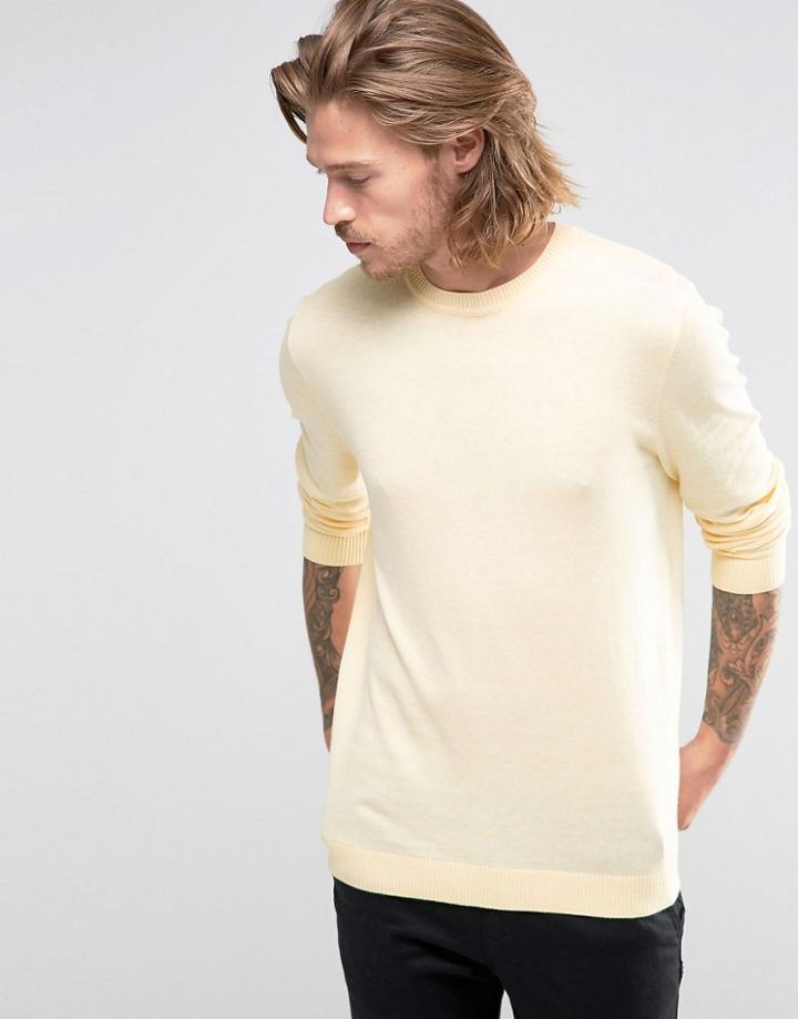 Asos Crew Neck Sweater In Lemon Cotton - Yellow
