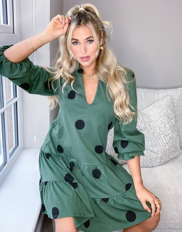 Asos Design Tiered Long Sleeve Spot Smock Dress In Khaki And Black Spots-green