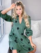 Asos Design Tiered Long Sleeve Spot Smock Dress In Khaki And Black Spots-green