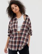 Asos Design Long Sleeve Boyfriend Shirt In Brown Check - Multi