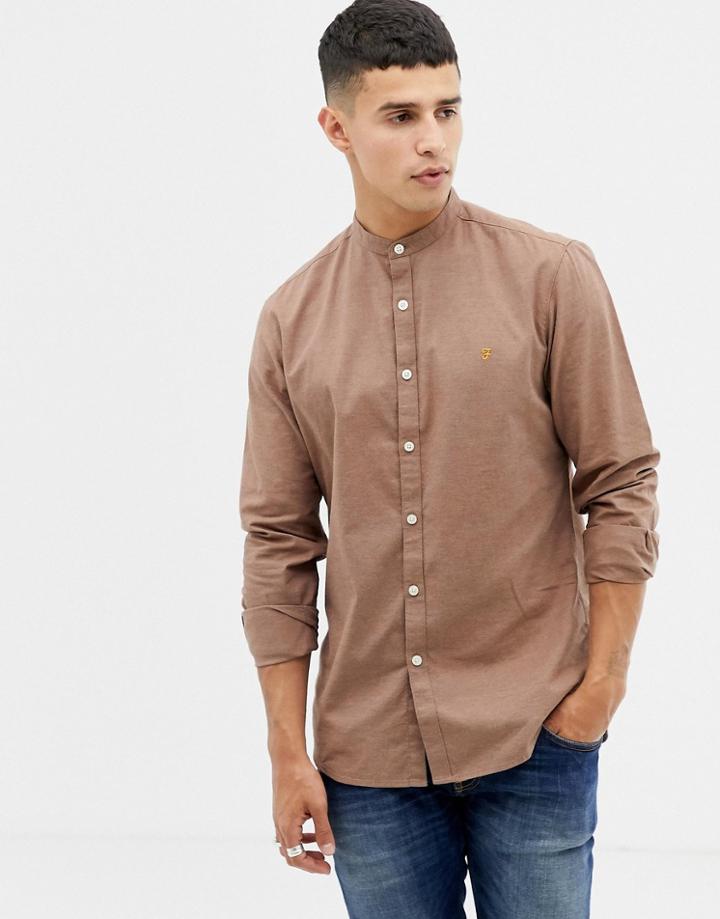 Farah Steen Slim Fit Grandad Collar Textured Shirt In Brown - Brown