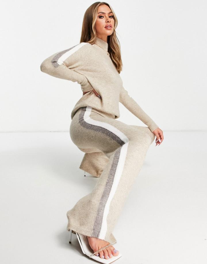 Aria Cove Wide Leg Knitted Pant With Stripe Side Detail In Oatmeal - Part Of A Set-neutral
