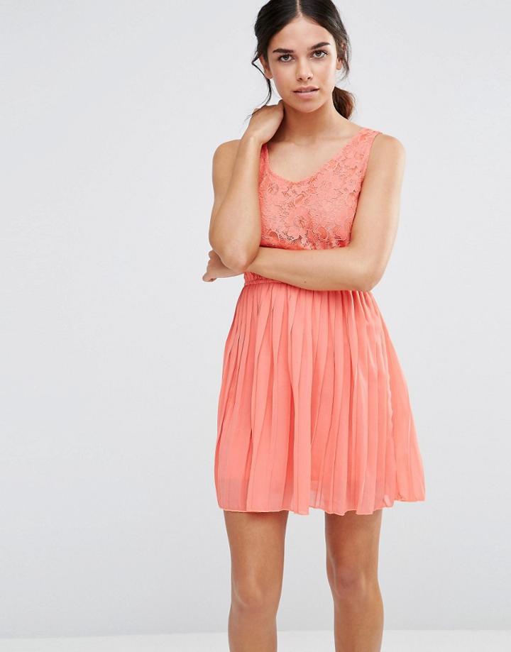 Pussycat London Dress With Lace Top And Pleated Skirt - Peach