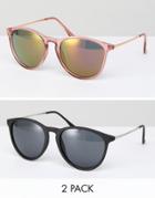 Asos 2 Pack Skinny Keyhole Retro Round Sunglasses In Pink And Black - Multi