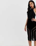 Asos Design Flocked Stripe Bodycon Midi Dress - Black