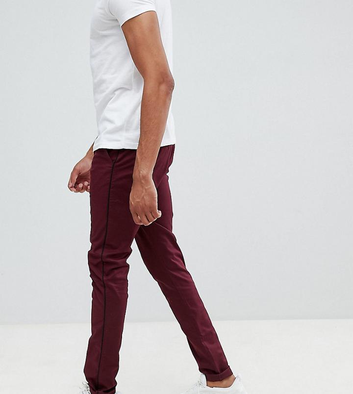 Asos Design Tall Skinny Trousers In Burgundy With Black Side Piping - Red