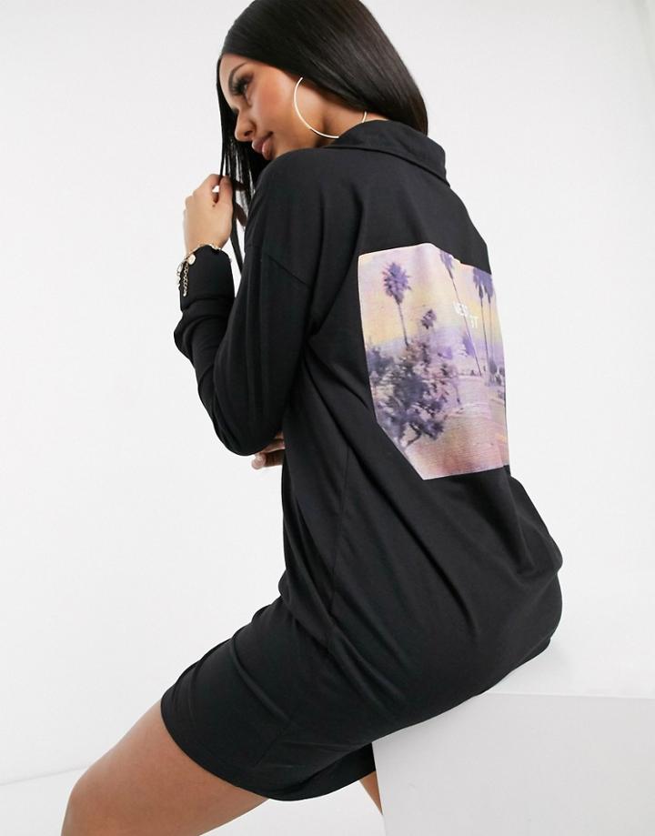 Missguided Jersey Shirt Dress With Back Print In Black