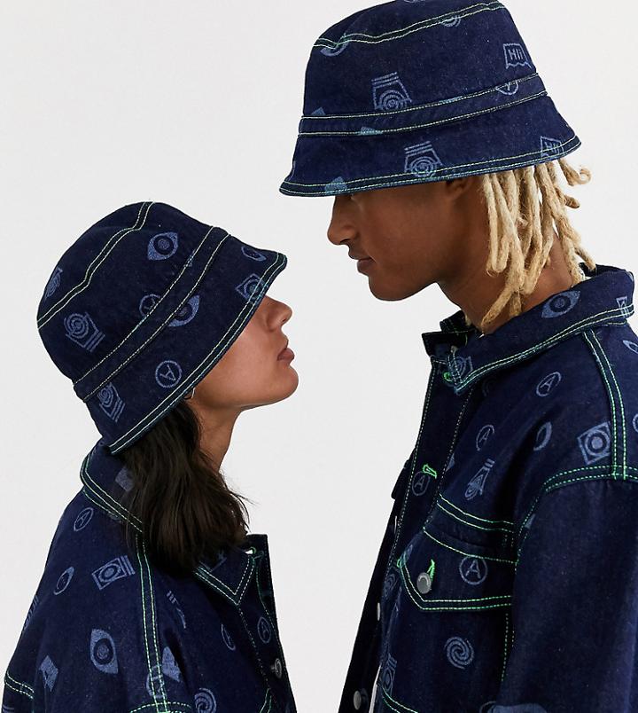 Collusion Unisex Printed Denim Bucket Hat-blue