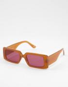 Asos Design Recycled Mid Square Sunglasses With Fine Frame In Brown