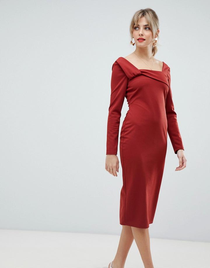Asos Design Twist Square Neck Midi Pencil Dress - Orange
