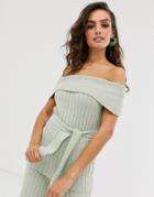 Asos Design Two-piece Bardot Knitted Top With Belt - Green
