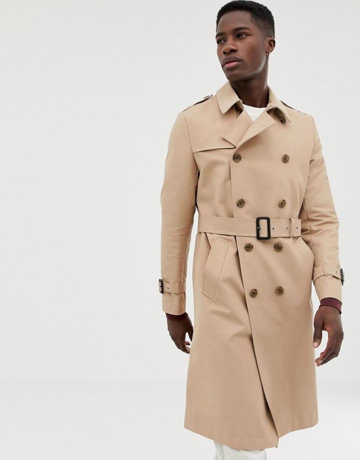 Asos Design Shower Resistant Longline Trench Coat With Belt In Stone