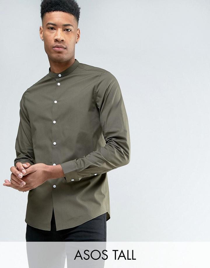 Asos Tall Regular Fit Shirt With Grandad Collar In Khaki - Green