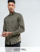 Asos Tall Regular Fit Shirt With Grandad Collar In Khaki - Green
