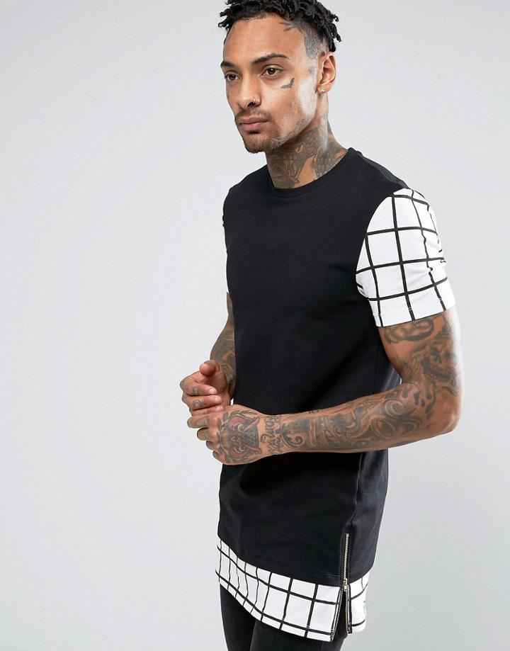 Asos Super Longline Muscle T-shirt With Grid Check Hem And Sleeves - B