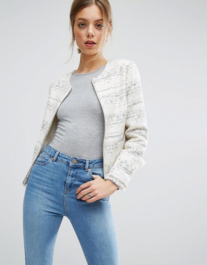 Asos Boucle Jacket With Fringe Detail - Cream