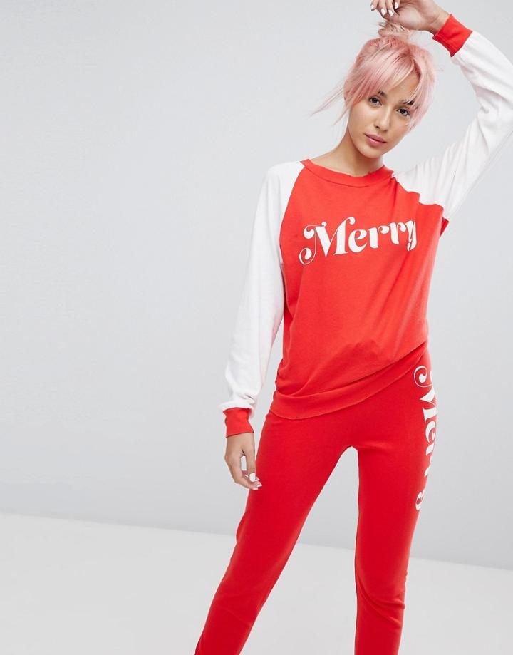 Wildfox Merry Print Lounge Sweatshirt - Red