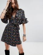 Honey Punch Wrap Front Dress With Ruffle Trim In Vintage Floral - Multi