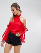 Kiss The Sky High Neck Cold Shoulder Blouse-red