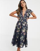 Asos Design Midi Dress With Godet Lace Inserts In Navy Based Floral - Navy