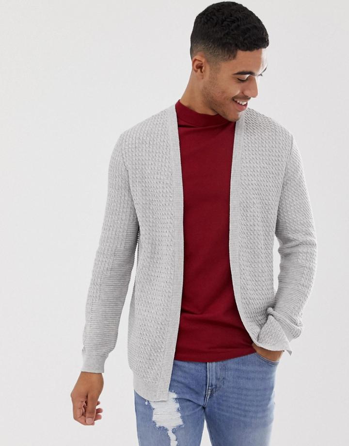 Asos Design Lightweight Cable Cardigan In Light Gray
