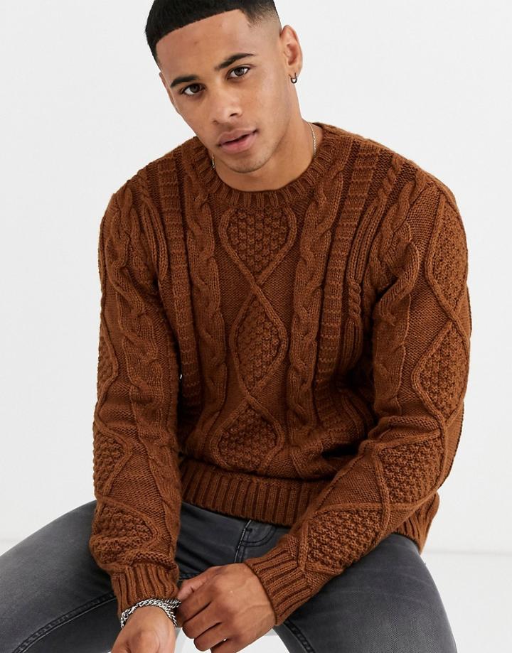 Asos Design Heavyweight Cable Knit Sweater In Tan