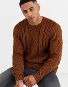 Asos Design Heavyweight Cable Knit Sweater In Tan