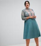 Little Mistress Plus Lace Sleeve Pleated Midi Dress In Aqua - Green