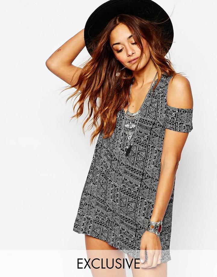 Milk It Cold Shoulder Mini Dress In Festival Print - Black