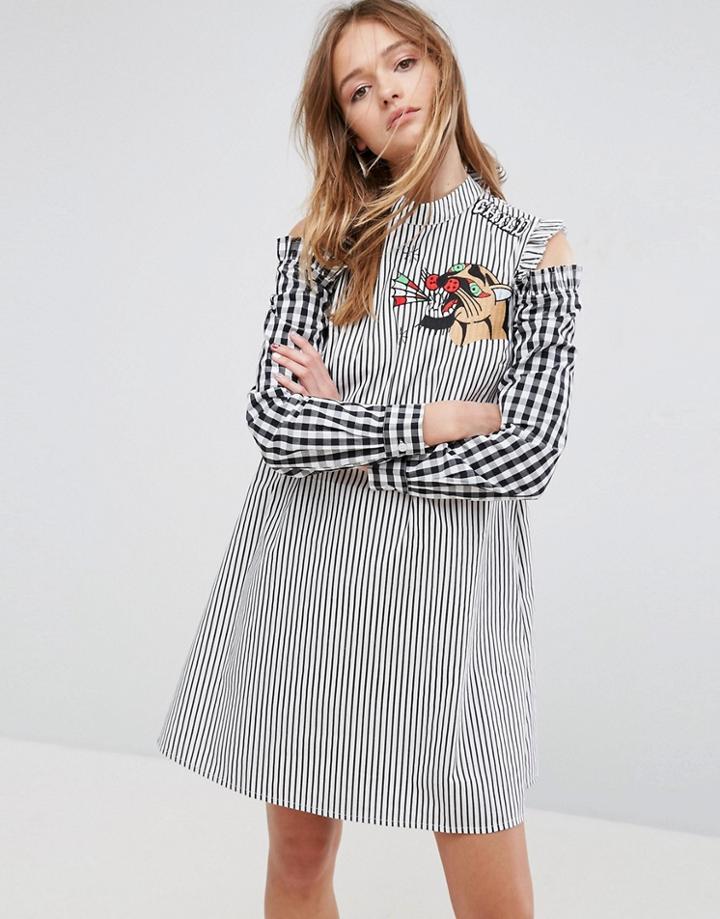 Asos X Lot Stock & Barrel Embroidered Cold Shoulder Shirt Dress - Multi